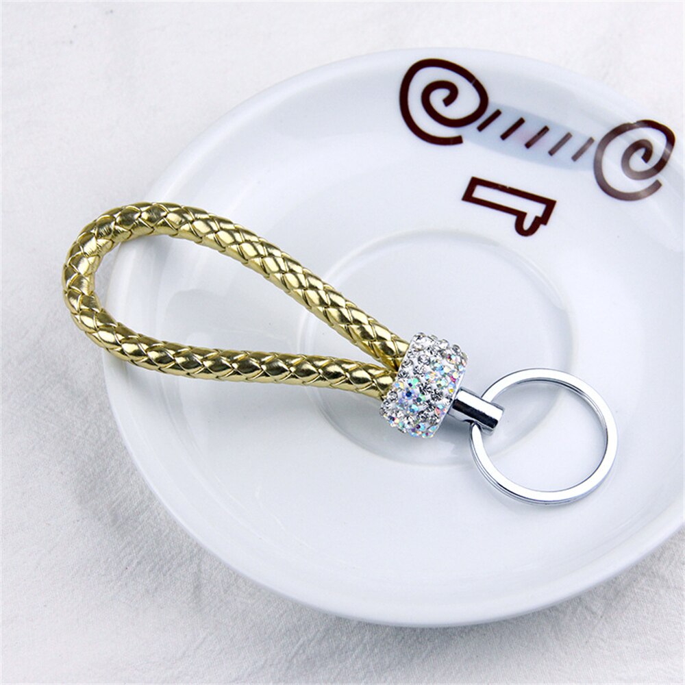 14 Styles PU Leather Braided Rope Keychain Glitter Rhinestones Key Ring For