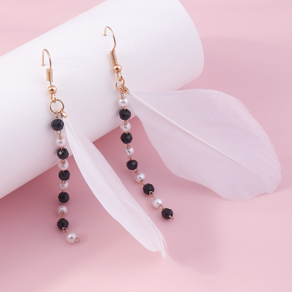 White Feather Beads Dangle Drop Earrings Women Charms Earring Fashion Creative