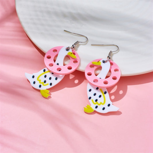 Duck and Ring Drop Earrings Female Travel Cartoon Earrings Creative Art Jewelry