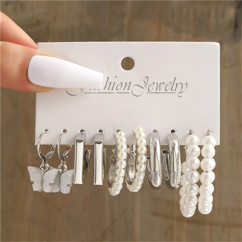 6 Styles 5-6 Pairs Set Butterfly Pearl Hoop Drop Dangle Earrings Trendy Women