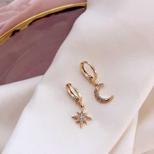 Moon Star Mismatched Studs Earring Cute Geometric Zircon Earrings Female Jewelry