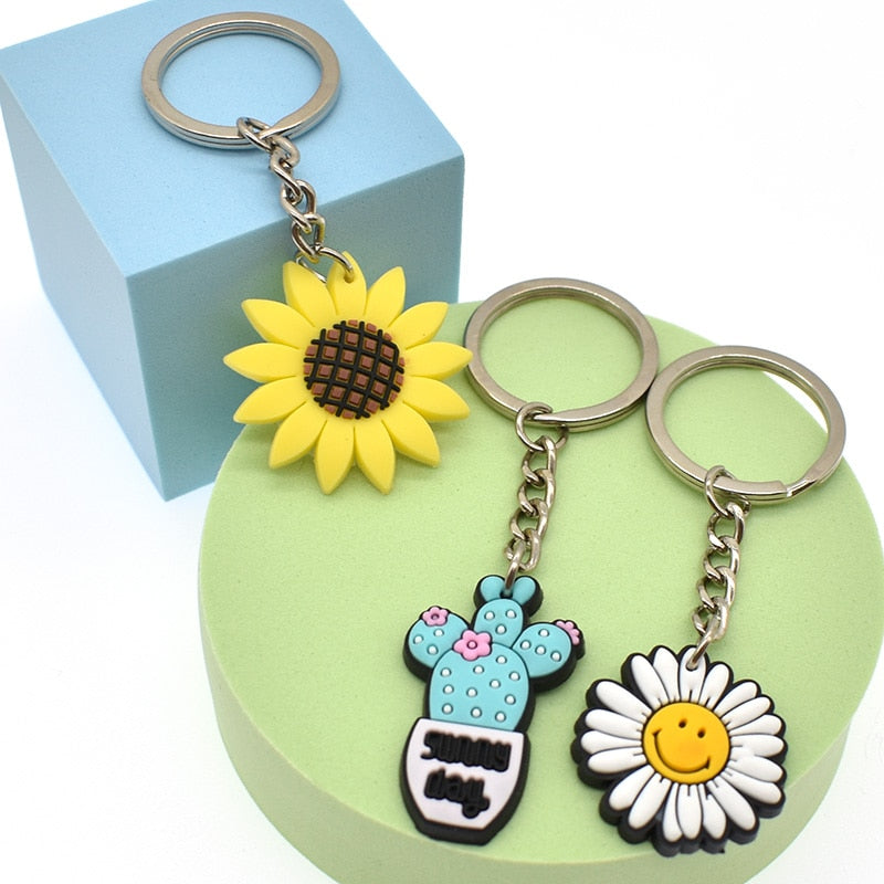 9 Styles Daisies Cactus Flower Keychain Cartoon Creative Gift Key Holder Keyring