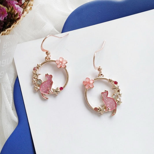 Pink Cat Flowers Drop Earrings Women Party Wedding Jewelry Creative Gifts