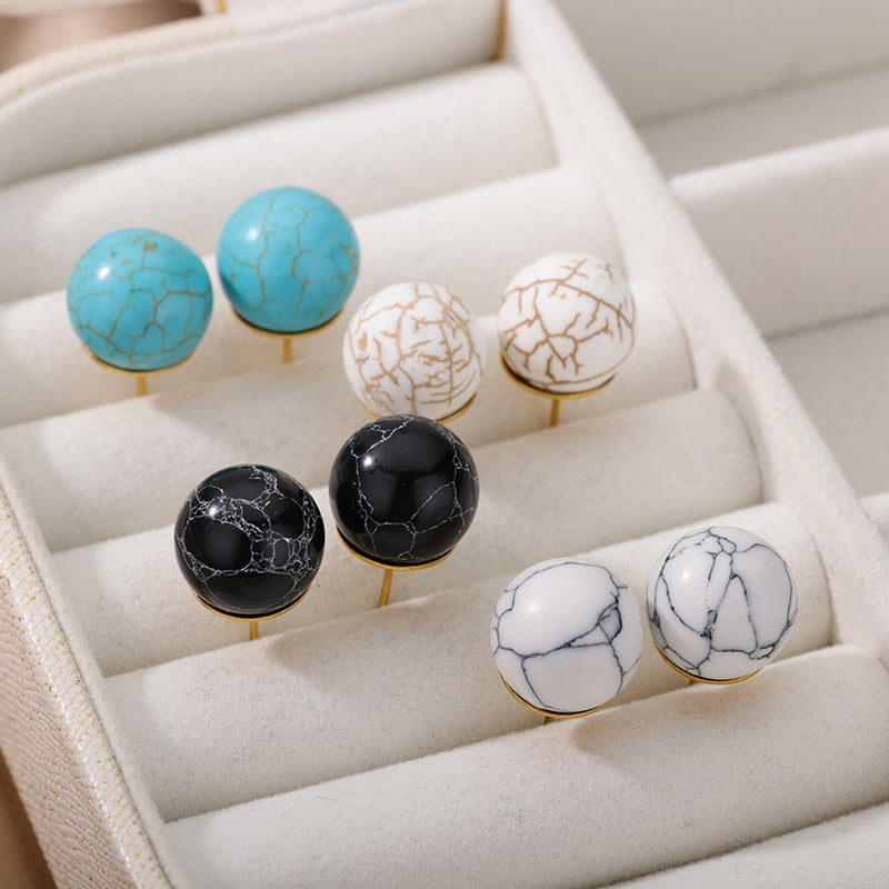 Bohemian Handmade Natural White Stone Beads Stud Earrings Women Travel Fashion