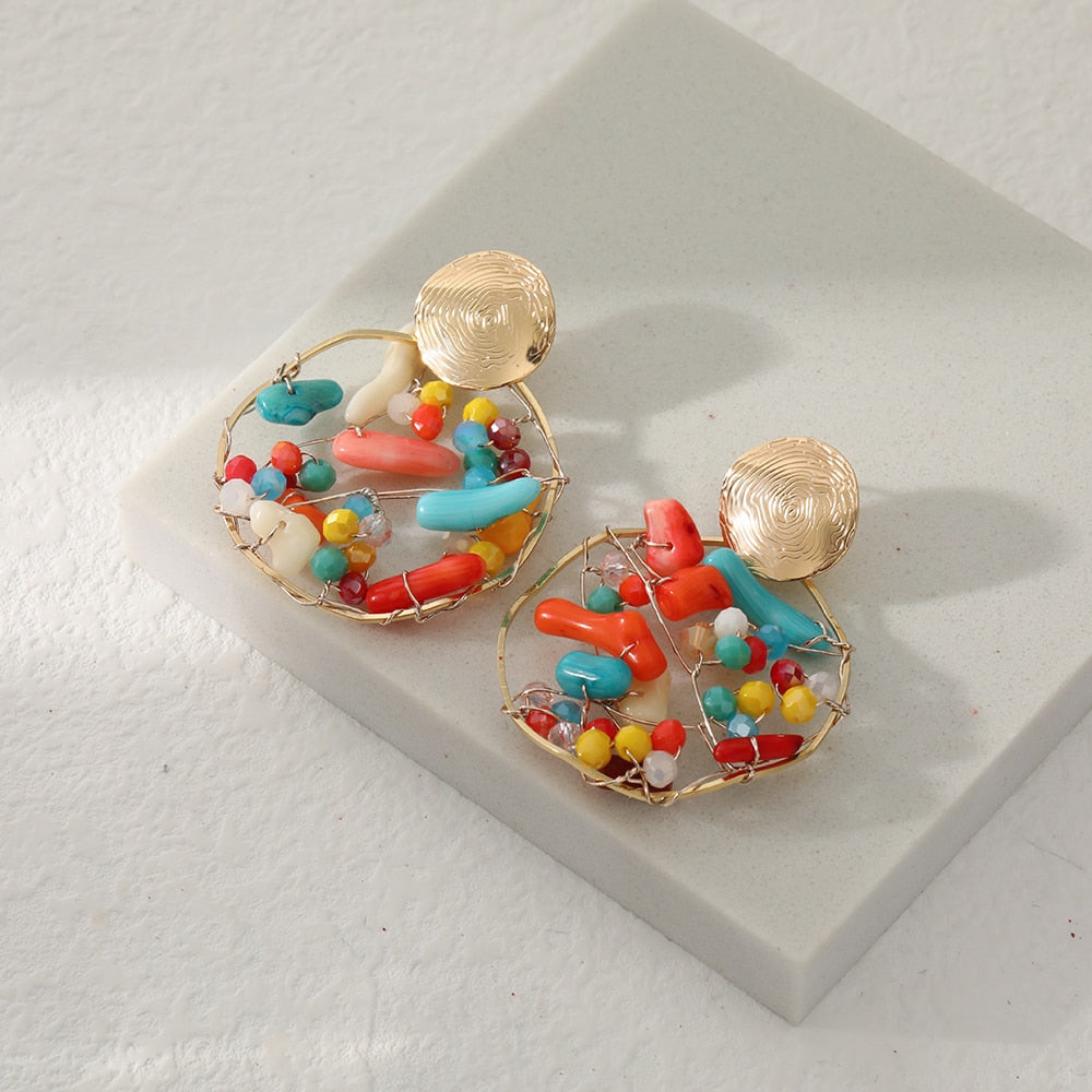 Boho Colorful Beaded Round Drop Earrings Women Fashion Creative Art Cute Stylish