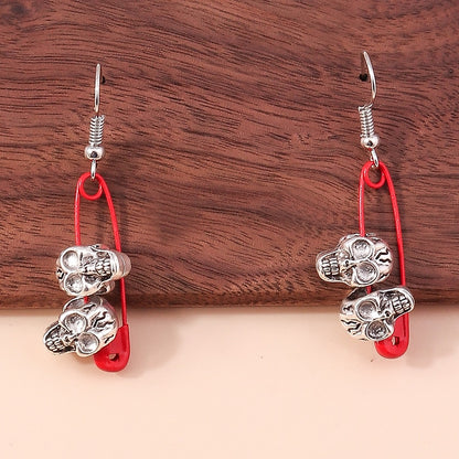 Red Safety Pin Skull Charm Drop Earrings Women Creativity Jewelry Cute Earring