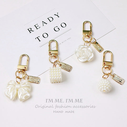 4 Styles White Rose Bowknot Keychain for Women Girls Car Key Holder Pearl Tassel