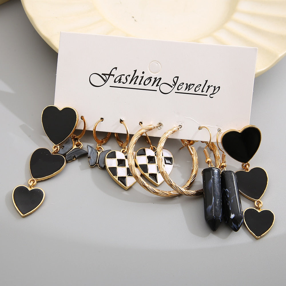 5 Pairs Black Hearts Hoop Drop Charm Earrings For Women Girl Fashion Modern