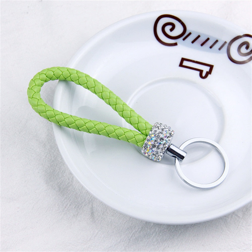 14 Styles PU Leather Braided Rope Keychain Glitter Rhinestones Key Ring For