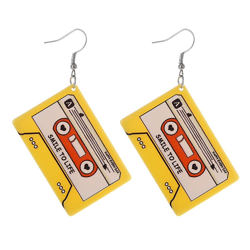 Yellow Cassette Acrylic Drop Earrings Women Travel Fashion Cartoon Earrings