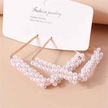 Square Half Faux Pearl Hoop Earrings For Women Girl Fashion Modern Jewelry Gift