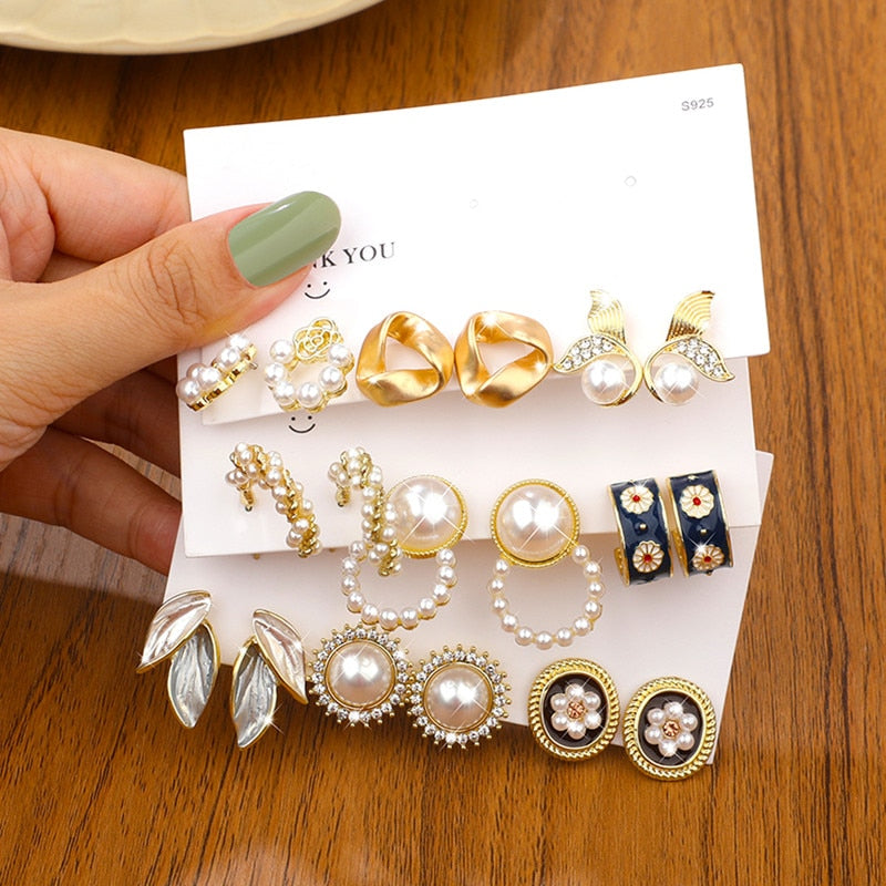 9 Styles 3Pair Lot Earrings Pearl Women Fashion Charm Jewelry Geometric Stud