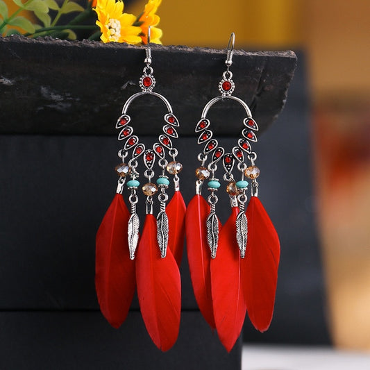 Boho Ethnic Feather Red Dangle Earrings Fashion Party Girls Pendant Earrings