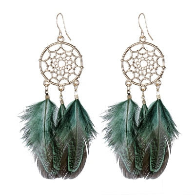 Boho Ethnic Dream Catcher Dark Green Feather Dangle Earrings Fashion Party Girls