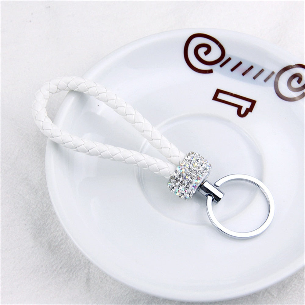 14 Styles PU Leather Braided Rope Keychain Glitter Rhinestones Key Ring For