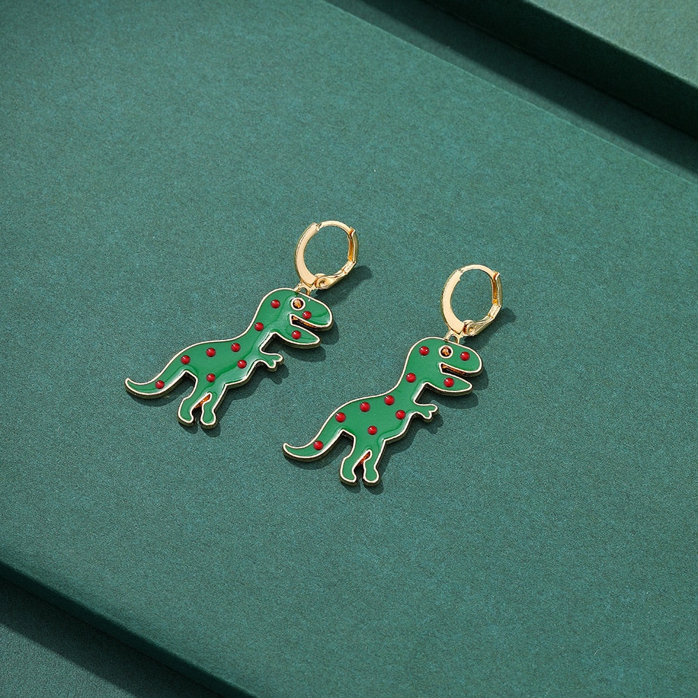 Green Colorful Enamel Dinosaur Dangle Earrings Cartoon Ear Pendants Accessories