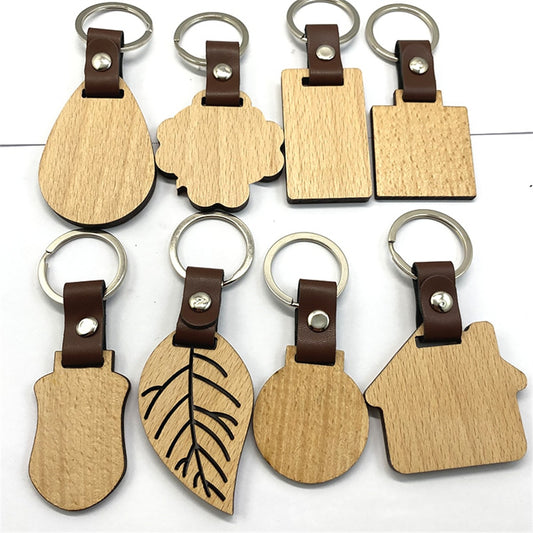 10 Styles Wooden Keychain Geometric House Car Shape Leather Wood Keyring Bag