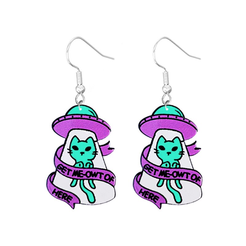 Purple Spaceship Cat Drop Earrings Women Creativity Jewelry Cute Earring Girls