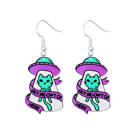 Purple Spaceship Cat Drop Earrings Women Creativity Jewelry Cute Earring Girls