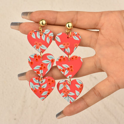 Acrylic Red Heart Floral Pattern Dangle Earrings Women Charms Earring Fashion