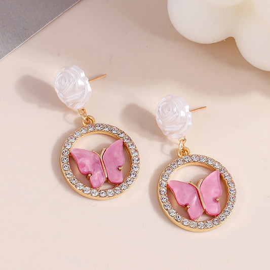 Pink Butterfly White Rose Drop Earrings Women Creativity Jewelry Cute Earring