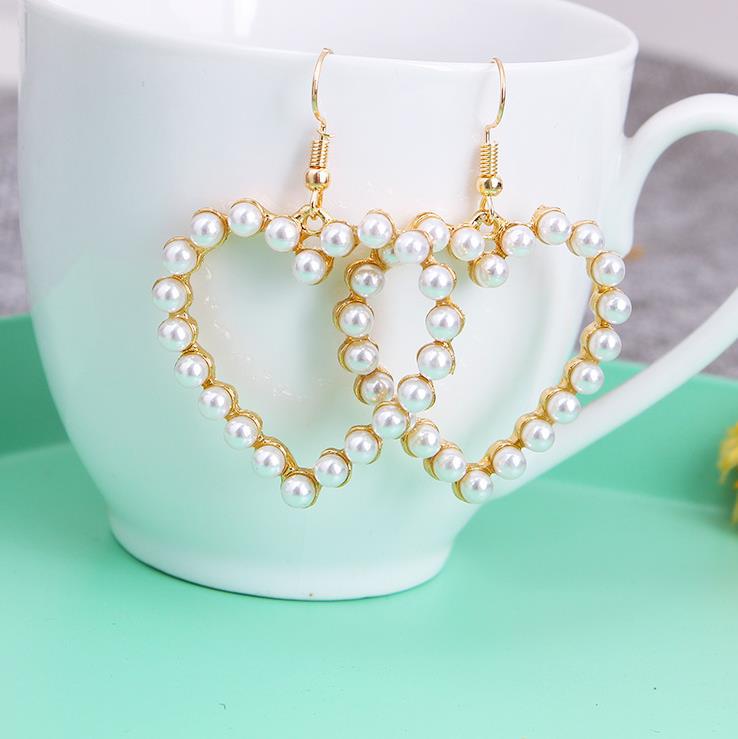 Pearl Heart Pattern Dangle Earrings for Girls Women Birthday Gift Lovely Jewelry