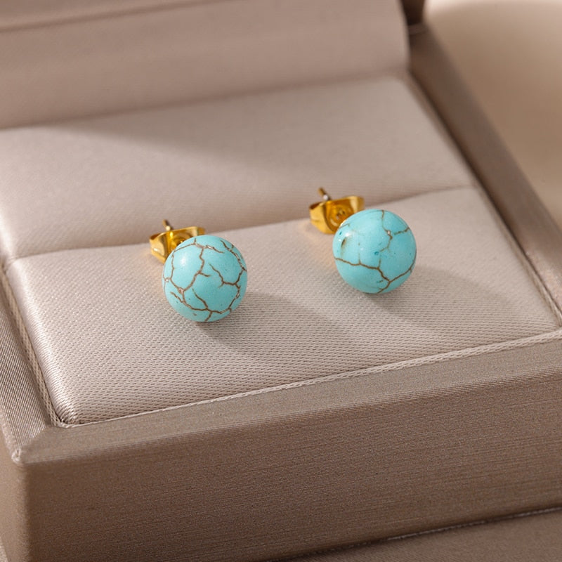 Bohemian Handmade Natural Blue Stone Beads Stud Earrings Women Travel Fashion