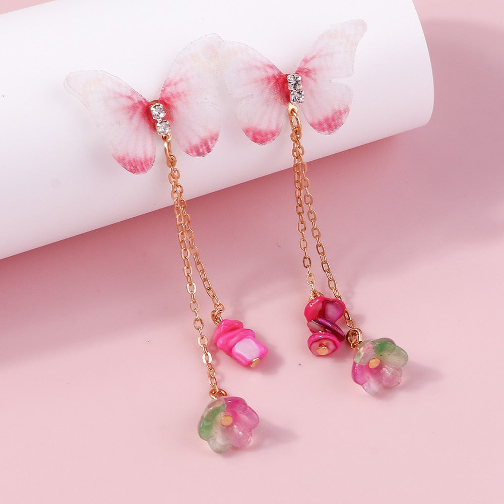 Flower Pendant Pink Butterfly Drop Earrings Women Creativity Jewelry Cute