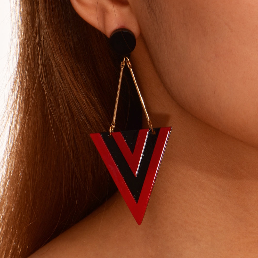 Black and Red Exaggerated Triangle Drop Earrings Women Girl Party Gift Fashion