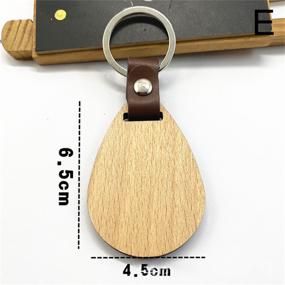 10 Styles Wooden Keychain Geometric House Car Shape Leather Wood Keyring Bag