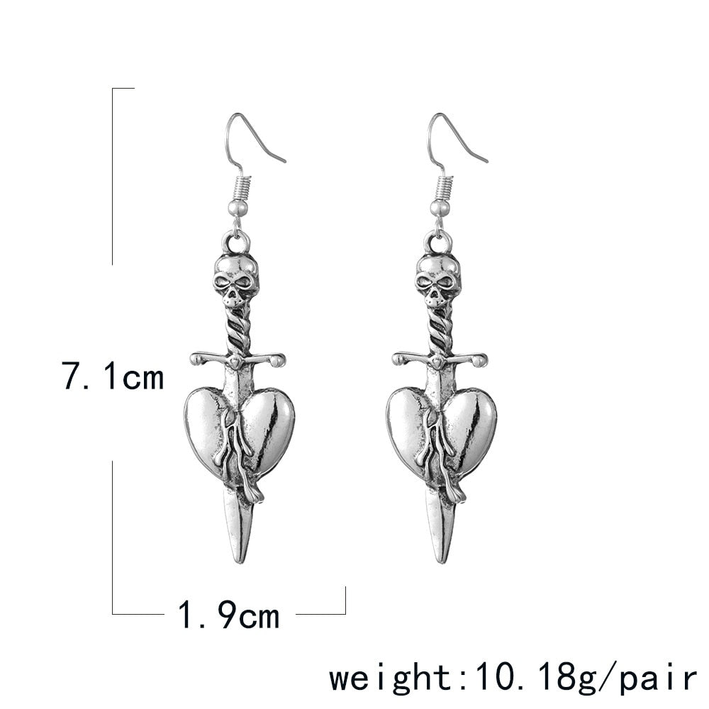 Gothic Vintage Sword and Heart Dangle Earrings Charms Jewelry Fashion Creative