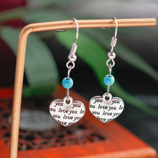 Love You Heart Turquoise Detail Dangle Earrings Women Gifts Earring Cute Girls