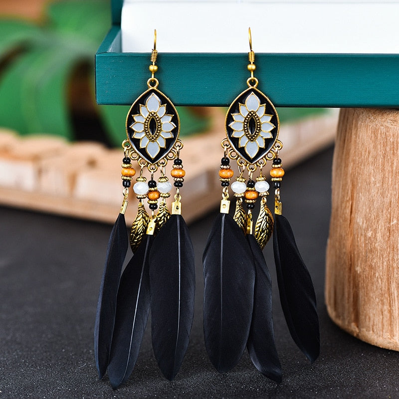 Bohemian Black Feather Dangle Earrings for Fashion Stylish Jewelry Drop Earrings