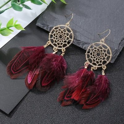 Boho Ethnic Dream Catcher Burgundy Feather Dangle Earrings Fashion Party Girls