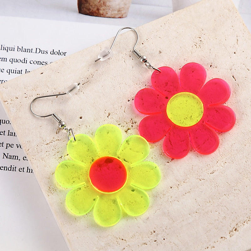 Hot Pink Yellow Flower Acrylic Drop Earrings Women Travel Fashion Cartoon