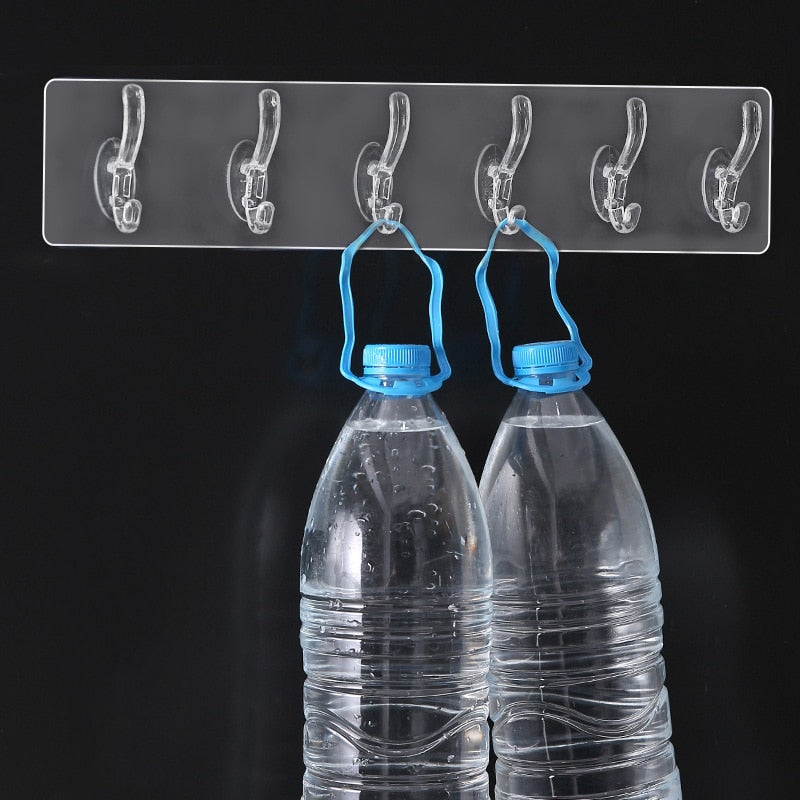 Transparent Plastic Glue Hooks Kitchen Bathroom One-Six Rows Hooks Nail-free