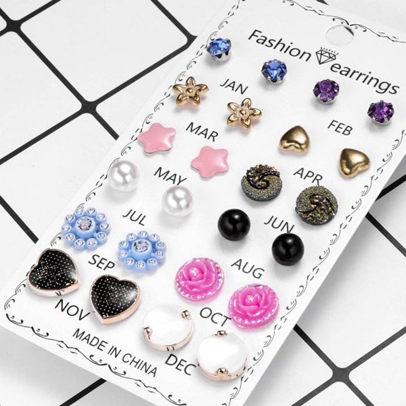 21 Styles 12-20 Pairs Set Butterfly Star Heart Rose Flower Stud Earrings Women