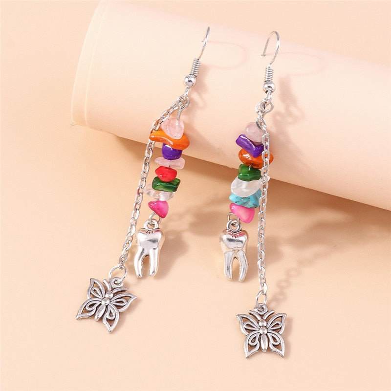 Colorful Stones Tooth Drop Earrings Women Creativity Jewelry Cute Earring Girls