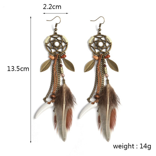 Boho Ethnic Dream Catcher Brown Tassel Feather Dangle Earrings Fashion Party