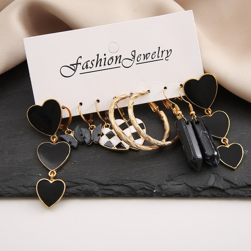 5 Pairs Black Hearts Hoop Drop Charm Earrings For Women Girl Fashion Modern