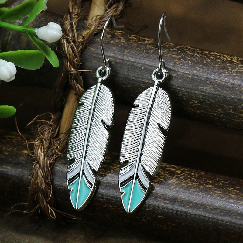 Turquoise Feather Bohemian Dangle Earrings Fashion Party Girls Pendant Earrings