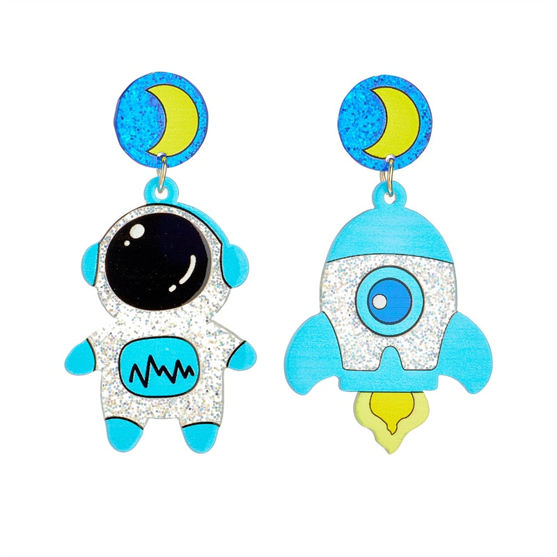 Glitter Astronaut and Rocket Drop Earrings Women Travel Fashion Cartoon Earrings