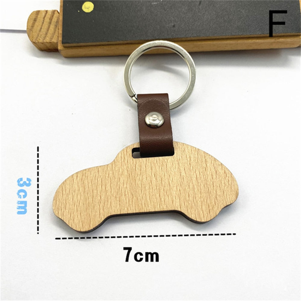 10 Styles Wooden Keychain Geometric House Car Shape Leather Wood Keyring Bag