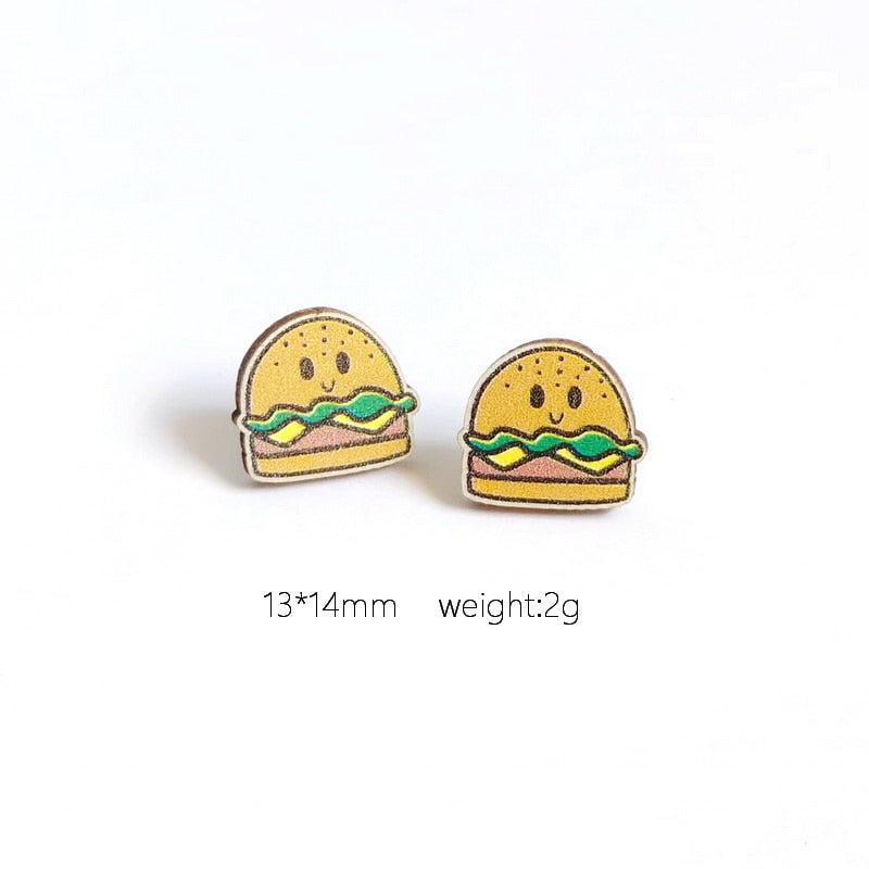 Burger Wooden Stud Earrings Trendy Women Fashion Earrings Jewelry Gift