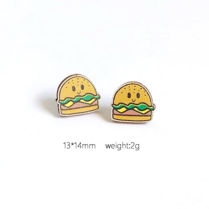 Burger Wooden Stud Earrings Trendy Women Fashion Earrings Jewelry Gift