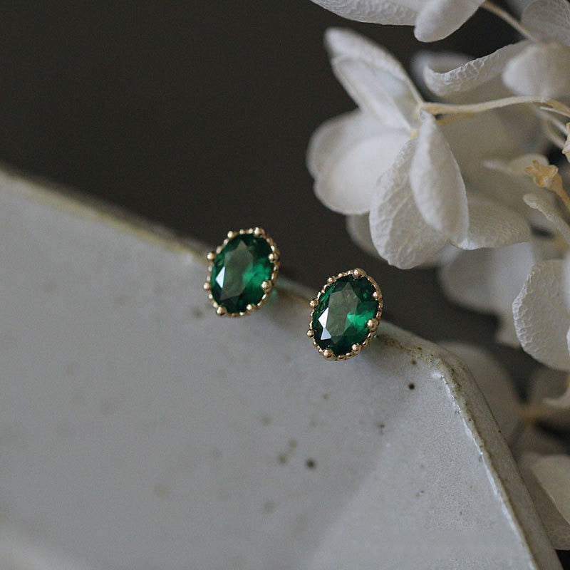 Deep Green Oval Stud Earrings Woman Elegant Earring Fashion Modern Jewelry Gift