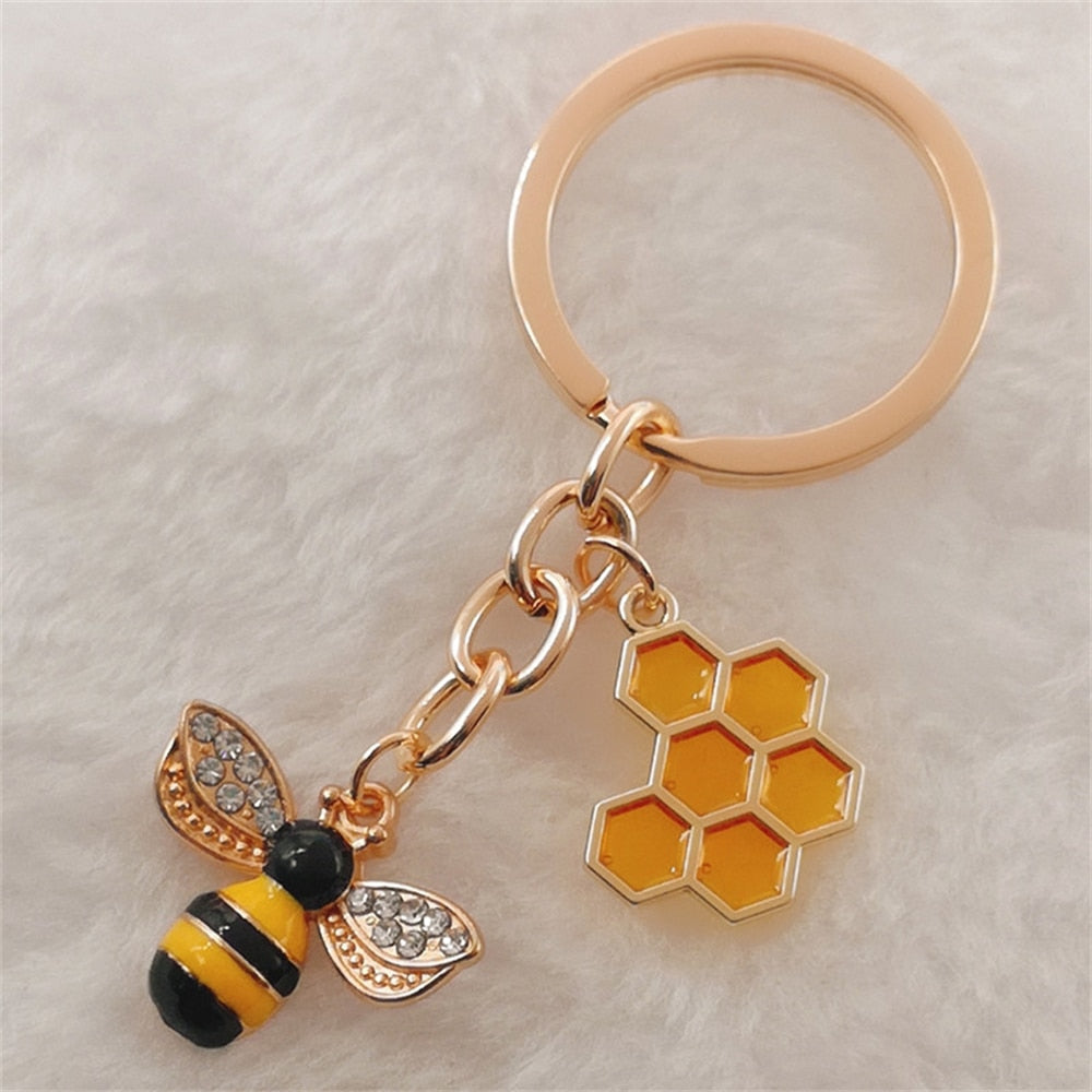 6 Styles Alloy Drip Oil Rhinestone Bee Keychain Hexagon Honeycomb Charms Key