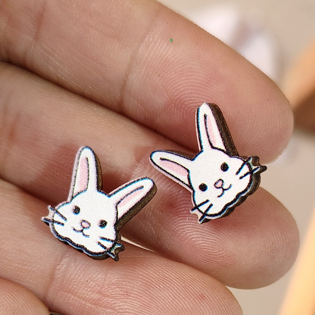 Easter Pink Ears Bunny Wooden Stud Earrings Women Gifts Earring Cute Girls