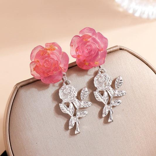 Pink Rose Bloom Drop Earrings Women Creativity Jewelry Cute Earring Girls Gift