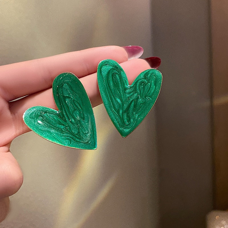 Big Green Heart Stud Earrings Fashion Elegant Women Creativity Earrings